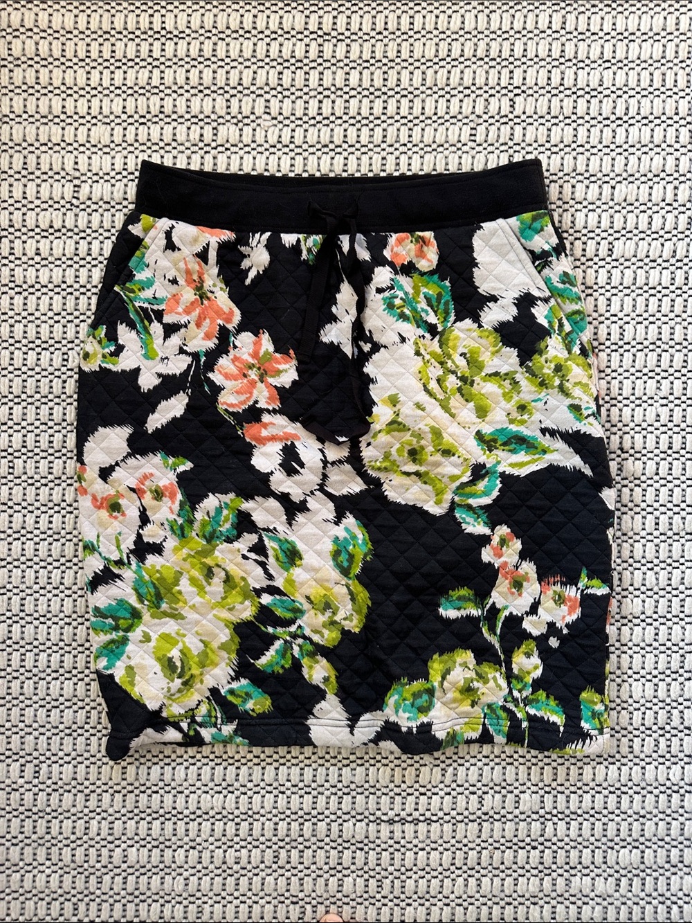 Floral Quilted Black Pencil mini Skirt - Green & Coral Floral